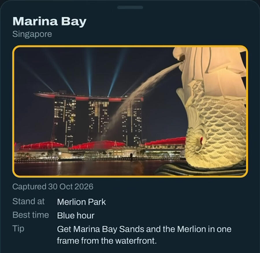 PrapanCam spot sheet for Marina Bay, showing where to stand and the best time